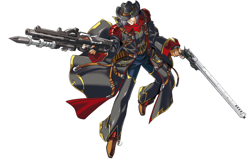 1boy banpresto belt blue_eyes cowboy cowboy_hat cowboy_western dual_wielding fingerless_gloves full_body gloves grey_hair gun handgun harken_browning hat holding long_coat male_focus official_art pile_bunker revolver solo super_robot_wars super_robot_wars_og_saga_mugen_no_frontier weapon western