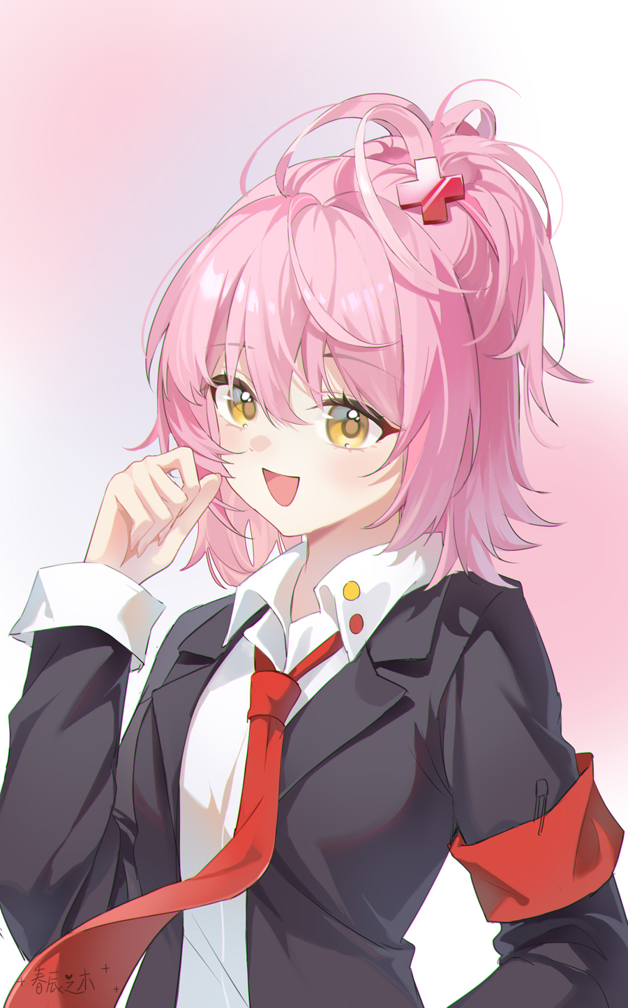 1girl armband black_jacket cross_hair_ornament formal_clothes hair_ornament harutatsunoki highres hinamori_amu jacket long_sleeves messy_hair necktie open_mouth paperclip pink_background pink_hair red_armband red_necktie shirt short_hair shugo_chara! sidelocks simple_background smile solo two-tone_background upper_body white_background white_shirt yellow_eyes
