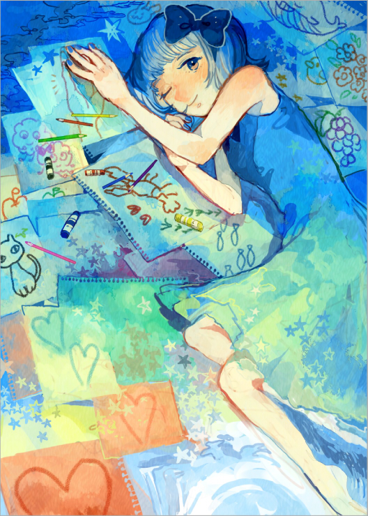 1girl aqua_dress blue_bow blue_dress blue_hair bow cat character_request copyright_request crayon creature drawing_(object) dress hair_bow lobster lying minahamu multicolored_dress on_side one_eye_closed paper pencil purple_eyes short_hair sleeveless smile solo whale