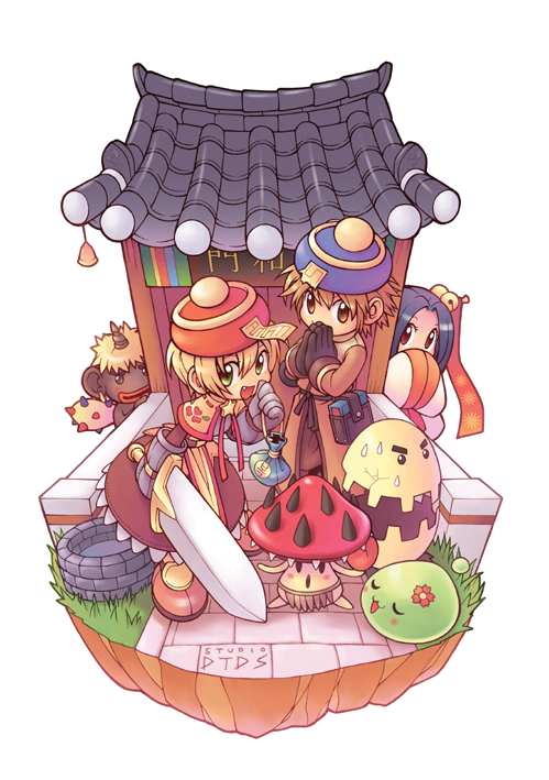2000s_(style) 2boys 2girls :d acolyte_(ragnarok_online) architecture bad_id bell black_hair blonde_hair blue_hat brown_capelet brown_dress brown_gloves brown_hair brown_pants capelet cassock commentary_request copyright_notice creature dark-skinned_male dark_skin dated_commentary dokebi dress east_asian_architecture eggyra fang full_body gauntlets gloves grass green_eyes hair_bell hair_ornament hair_stick hands_in_opposite_sleeves hat holding holding_sword holding_weapon horns jingle_bell korean_commentary long_sleeves looking_at_viewer monster_gogo multiple_boys multiple_girls official_art ofuda open_mouth pants poporing qingdai_guanmao ragnarok_online red_hat short_hair shrine single_horn slime_(creature) smile sohee spore_(ragnarok_online) standing sword swordsman_(ragnarok_online) weapon well white_background