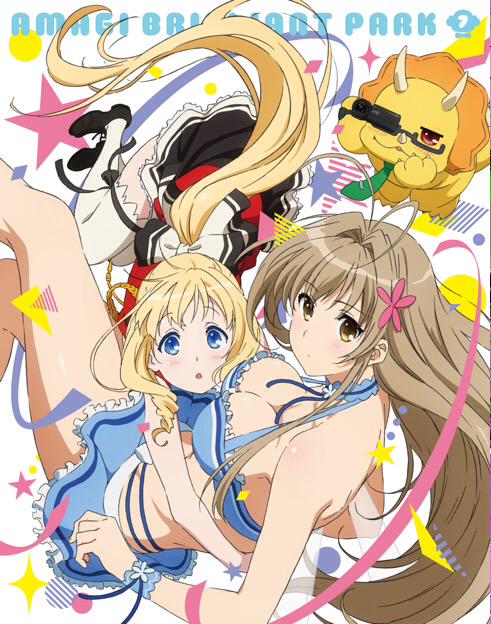 2girls amagi_brilliant_park antenna_hair black_footwear blonde_hair blue_choker blue_eyes blue_skirt blush bow breasts brown_eyes brown_hair choker cleavage commentary_request copyright_name flower glasses green_necktie hair_bow hair_flower hair_intakes hair_ornament horns hug large_breasts latifa_fleuranza long_hair looking_at_viewer multiple_girls necktie official_art semi-rimless_eyewear sento_isuzu skirt star_(symbol) swimsuit thighhighs toriken_(amaburi) very_long_hair white_bow white_thighhighs