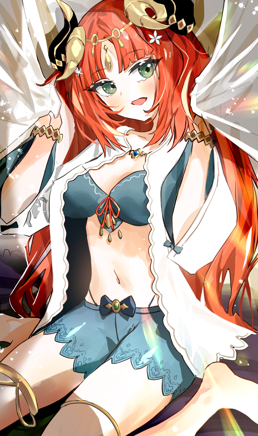 1girl blue_shorts bracelet commentary fake_horns genshin_impact green_eyes highres horns jewelry long_hair looking_at_viewer navel nilou_(genshin_impact) open_clothes open_mouth red_hair ryoma_(rym_369) short_shorts shorts sitting solo stomach thighs very_long_hair wariza