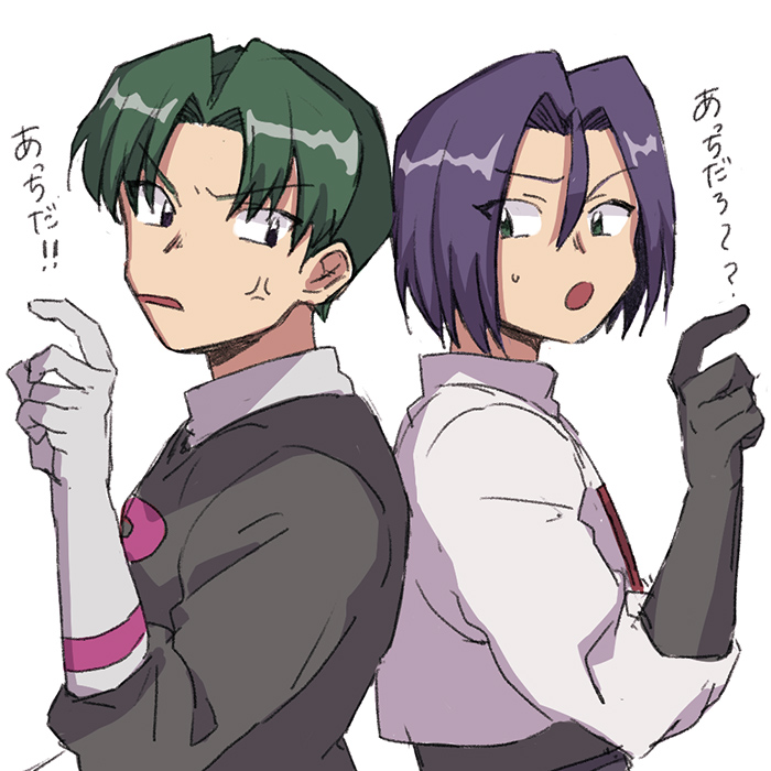2boys black_gloves blue_hair brown_eyes butch_(pokemon) gloves green_eyes green_hair james_(pokemon) male_focus multiple_boys nintendo nmnm_bbb pokemon pokemon_(anime) pokemon_(classic_anime) team_rocket team_rocket_uniform white_background white_gloves