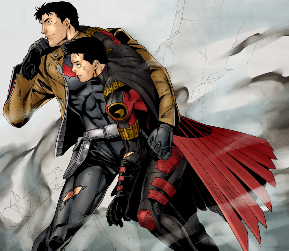bat_signal batman_(series) batman_symbol belt black_bodysuit black_gloves black_hair blue_eyes bodysuit brothers cape closed_mouth dc_comics gloves holding jacket jason_todd male_focus multiple_boys muscular muscular_male nakadoori pants red_hood_(dc) red_robin short_hair siblings smile superhero_costume tim_drake two-tone_bodysuit utility_belt