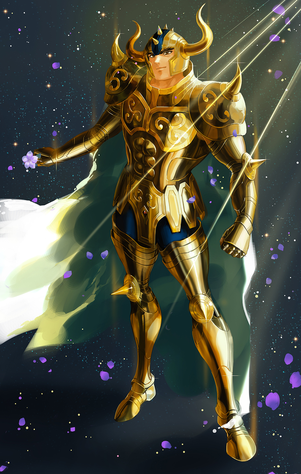 1boy armor brown_eyes cape fake_horns falling_petals flower from_above full_armor glint gold_armor gold_cloth gold_helmet gold_saint helmet highres holding holding_flower horned_helmet horns knee_spikes looking_at_viewer male_focus moon-lucky petals purple_flower saint_seiya shoulder_spikes solo spikes sunlight taurus_aldebaran thick_eyebrows white_cape