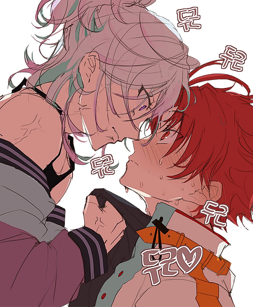 2boys aqua_hair blush closed_mouth half_updo heart high_ponytail looking_at_another male_focus multicolored_hair multiple_boys paradox_live ponytail purple_eyes purple_hair red_eyes red_hair short_hair sugasano_allen translation_request yaoi yatonokami_kanata ywkvs