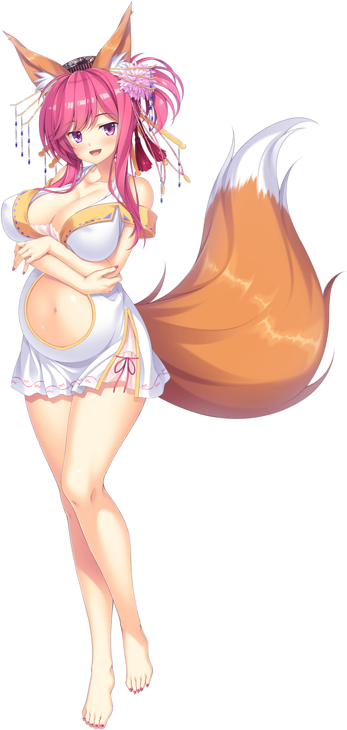 1girl :d animal_ear_fluff animal_ears big_belly blush breasts cleavage clothing_cutout covered_erect_nipples flower folded_ponytail fox_ears fox_girl fox_tail game_cg hair_flower hair_ornament highres hinata_nao large_breasts large_tail long_hair looking_at_viewer makibashira_yuuna maternity_dress navel non-web_source official_art open_mouth pink_hair pregnant purple_eyes sandals sex_open_world_e_youkoso! sidelocks smile solo stomach_cutout tail