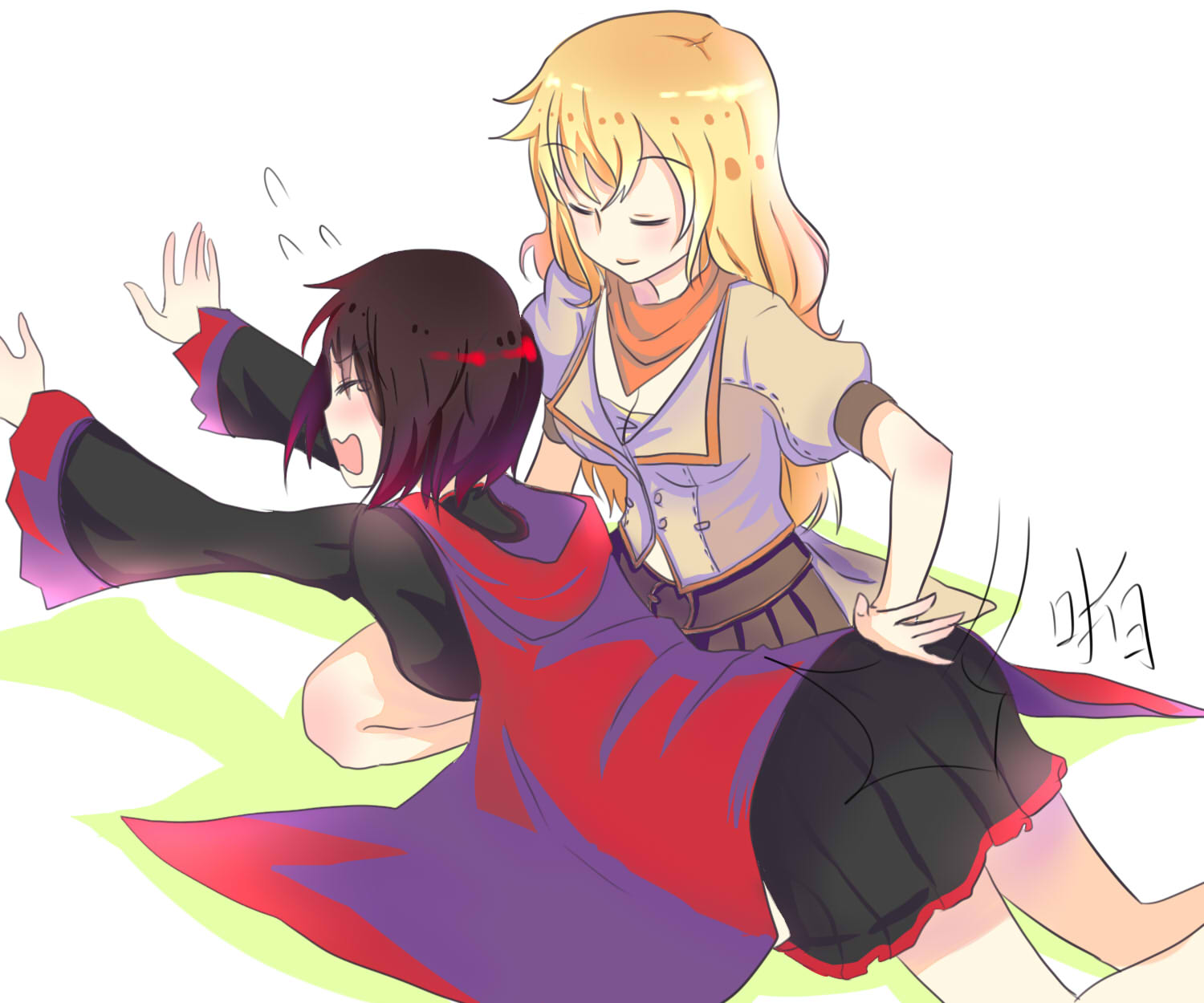 spank  shota cure rabbit, s7271688, ruby rose, yang xiao long, rwby, highres, 2girls,  ass, blonde hair, cape, closed eyes, dress, multiple girls, no legwear,  open mouth, short hair, siblings, sisters, spanked, spanking - Image