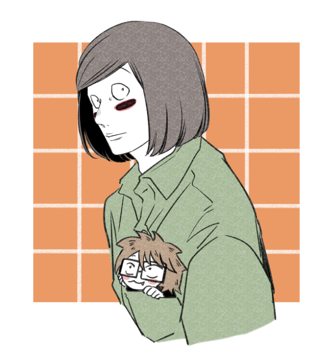 1boy black_eyes blush_stickers brothers brown_hair commentary_request glasses green_shirt grid_background in_pocket looking_at_viewer luther_von_ivory male_focus mini_person miniboy orange_background randal&#039;s_friends shirt short_hair siblings solo tsukasa_(tsukasa_mimizuku) upper_body