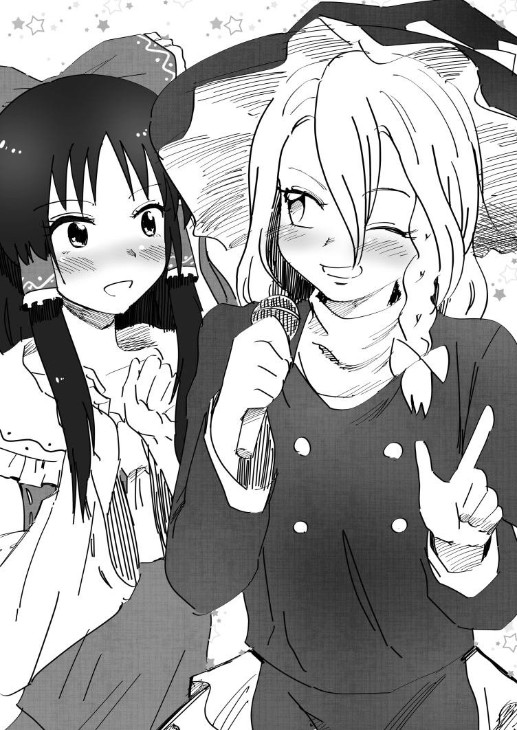2girls blush bow braid buttons commentary_request cookie_(touhou) detached_sleeves finger_gun frilled_bow frilled_hair_tubes frilled_hat frilled_shirt_collar frills greyscale grin hair_bow hair_tubes hakurei_reimu hat holding holding_microphone kirisame_marisa long_hair meis_(terameisu) microphone monochrome multiple_girls one_eye_closed rei_(cookie) sananana_(cookie) shirt side_braid sidelocks single_braid sleeveless sleeveless_shirt smile touhou upper_body witch_hat