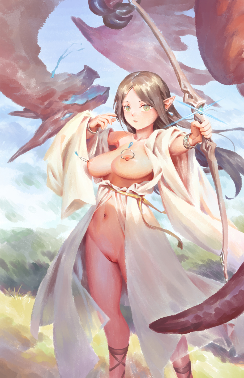 1girl bad_link bigrbear blue_sky bow_(weapon) bracelet breasts brown_hair cleft_of_venus day dragon earrings elf green_eyes highres holding holding_bow_(weapon) holding_weapon jewelry large_breasts long_hair navel nipple_piercing nipples original outdoors piercing pointy_ears pussy sky solo standing uncensored weapon