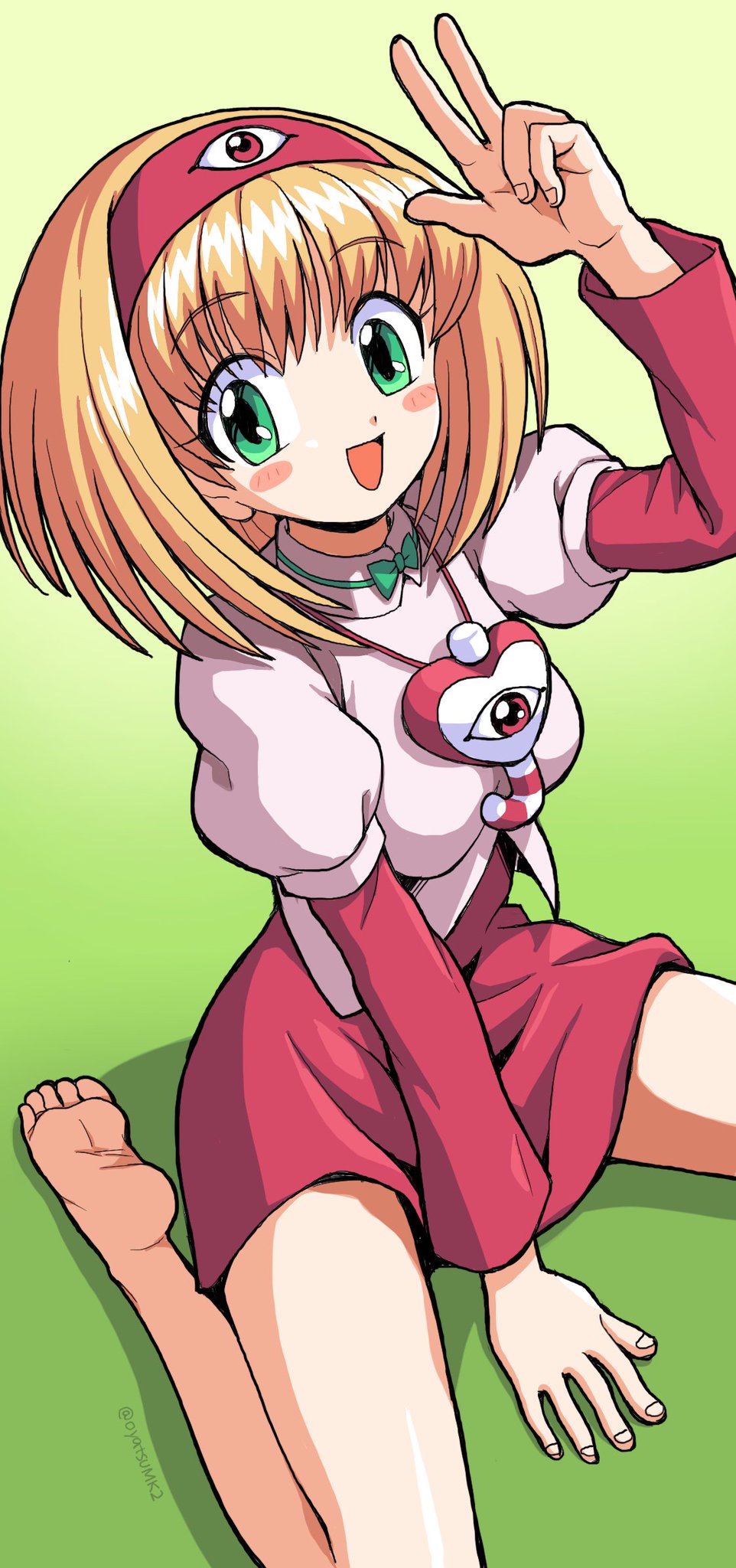 1girl :d artist_name blonde_hair blush bow bowtie breasts candy candy_cane dai_mahou_touge dress feet food green_background green_eyes hairband heart highres jewelry long_legs looking_at_viewer necklace open_mouth oyatsu_(mk2) sitting smile soles tanaka_punie toes w