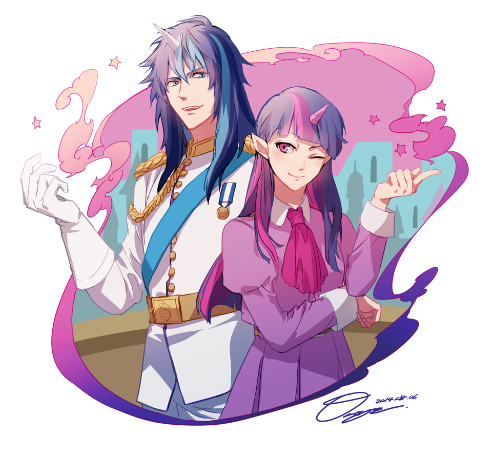 10s 1boy 1girl 2014 ascot belt blue_hair brother_and_sister dated elbow_gloves gloves horns juliet_sleeves long_sleeves military military_uniform multicolored_hair my_little_pony my_little_pony:_friendship_is_magic one_eye_closed otani_(gloria) personification pointy_ears puffy_sleeves shining_armor siblings signature single_horn twilight_sparkle two-tone_hair white_gloves
