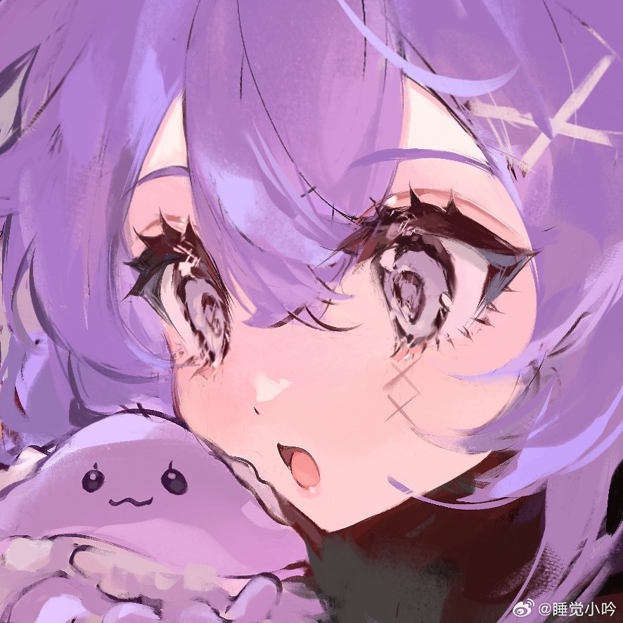 1girl black_shirt character_request chinese_commentary commentary_request copyright_request eyelashes hair_ornament holding holding_stuffed_toy looking_ahead open_mouth pink_lips portrait purple_eyes purple_hair shirt short_hair solo stitched_face stitches stuffed_jellyfish stuffed_toy turtleneck turtleneck_shirt watermark weibo_watermark x_hair_ornament zi_yin