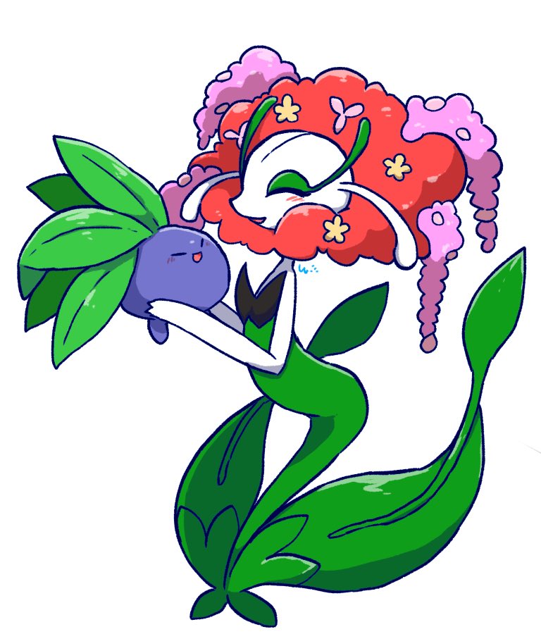 artist_request florges florges_(red_flower) flower gen_1_pokemon gen_6_pokemon holding nintendo no_humans oddish open_mouth plant pokemon pokemon_(creature) smile white_background