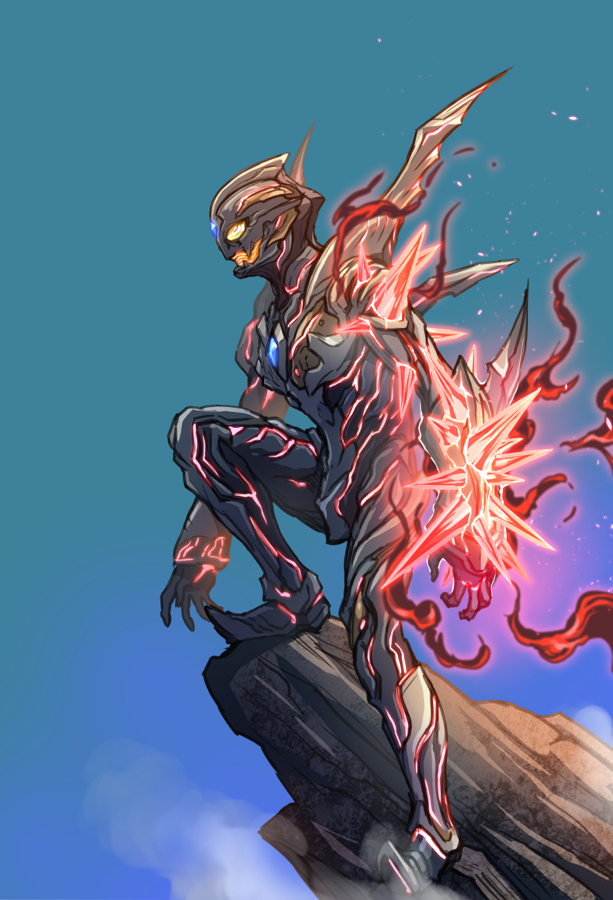 1boy alien black_bodysuit bodysuit bracelet character_request color_timer fingernails gauntlets glowing glowing_eyes glowing_lines glowing_mouth grey_bodysuit highres jewelry kuroda_asaki long_fingernails no_humans no_pupils sharp_teeth shoulder_spikes spiked_bracelet spikes teeth tokusatsu trigger_dark ultra_series ultraman_trigger ultraman_trigger_(series)
