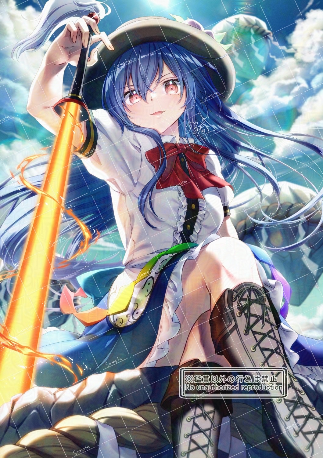 1girl alto2019 black_hat blue_hair blue_skirt blue_sky boots bow bowtie brown_boots center_frills cloud collared_shirt commentary_request commission crossed_legs day floating_rock food frilled_skirt frills fruit hat hat_ornament highres hinanawi_tenshi kaname-ishi knee_boots lace-up_boots leaf leaf_hat_ornament long_hair looking_at_viewer open_mouth peach_hat_ornament puffy_short_sleeves puffy_sleeves rainbow_order red_bow red_bowtie red_eyes sample_watermark shirt short_sleeves signature sitting skirt sky smile solo sword sword_of_hisou touhou very_long_hair watermark watermark_grid weapon white_shirt
