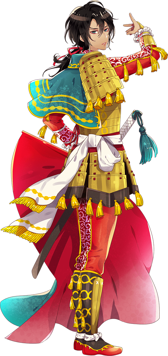 1boy armor artist_request check_commentary commentary_request dark_skin flamenco green_eyes hair_between_eyes japanese_armor katana male_focus matador ponytail red_ribbon ribbon samurai sword tagme tassel transparent_background weapon world_flags