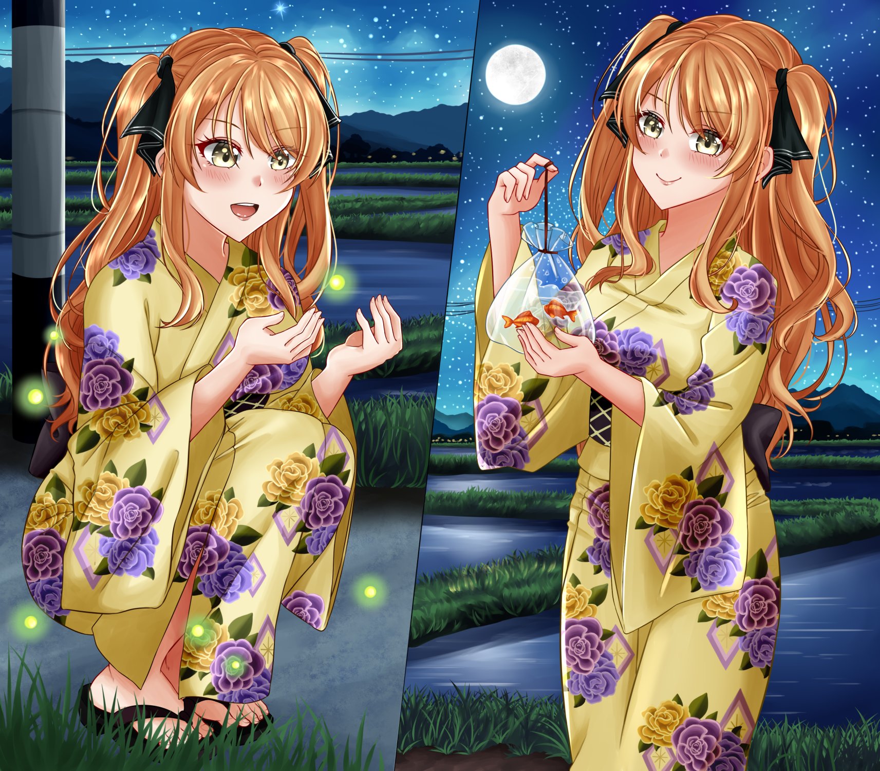 1girl ao_no_kanata_no_four_rhythm bag bagged_fish black_ribbon black_sash blonde_hair brown_eyes commission fireflies fish floral_print full_moon goldfish grass hair_ornament hair_ribbon highres japanese_clothes kimono long_hair looking_at_viewer moon mountainous_horizon multiple_views night night_sky obi okobo open_mouth outdoors platform_sandals ribbon rynn_(darknescorez) sandals sash satouin_reiko second-party_source sky smile star_(sky) starry_sky two_side_up water yellow_kimono yukata