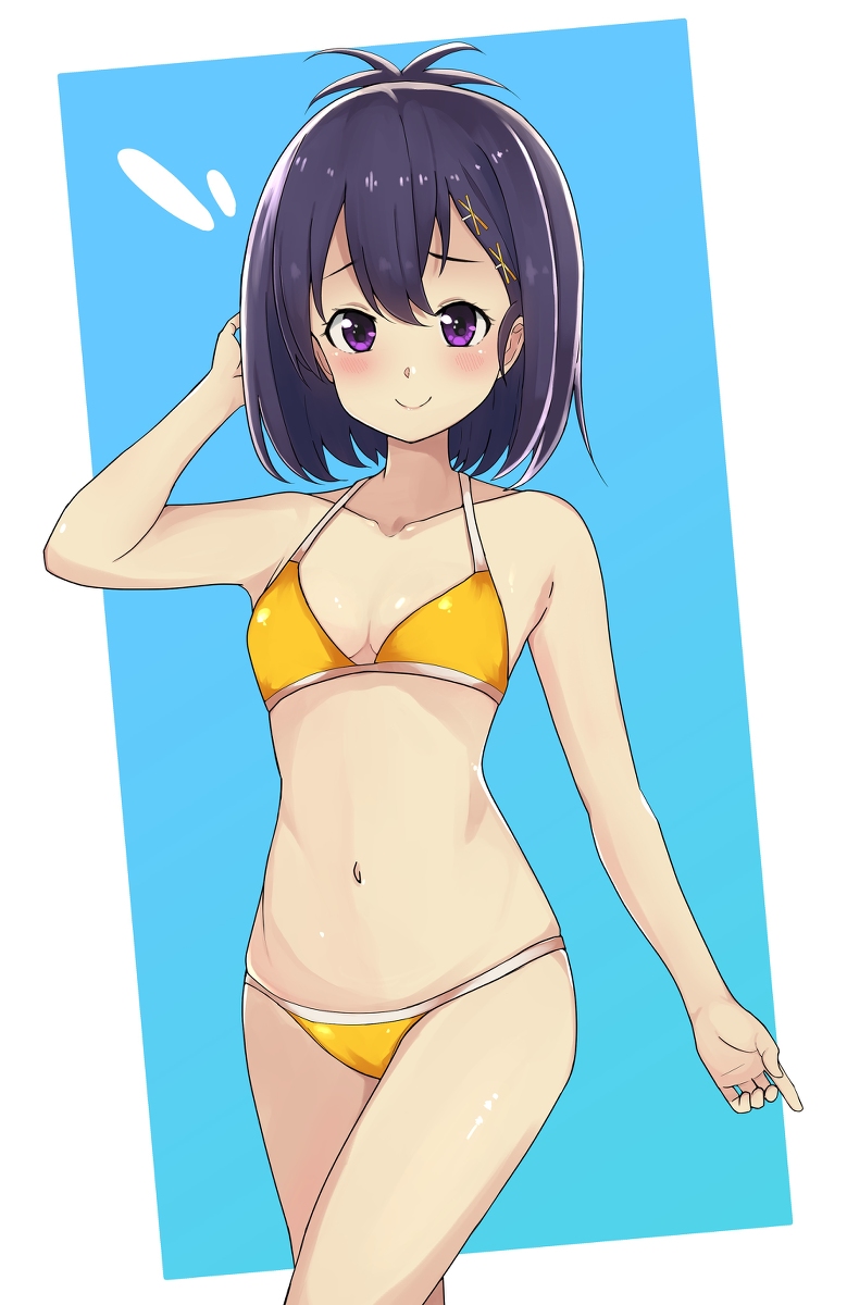 1girl aoi_illust_2077 bare_arms bare_legs bare_shoulders bikini blush breasts closed_mouth dot_nose feet_out_of_frame female_focus gabriel_dropout hair_between_eyes hair_ornament hairclip highres legs looking_at_viewer medium_hair navel purple_eyes purple_hair small_breasts smile solo standing swimsuit vignette_tsukinose_april yellow_bikini