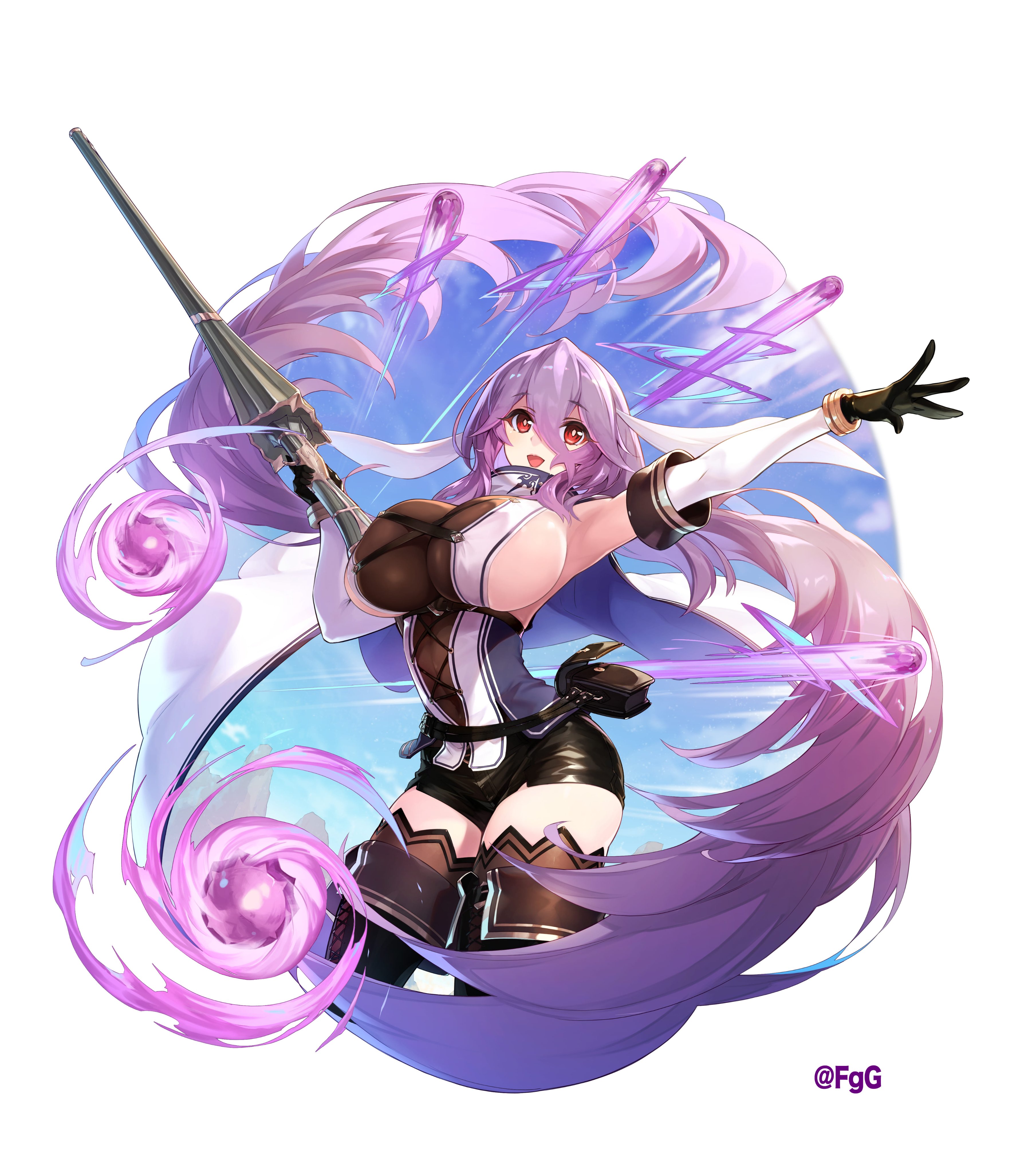 1girl :d absurdres black_gloves black_shorts blue_sky boots breasts brown_thighhighs cloak cloud commentary_request cowboy_shot day fanny_pack floating_cape freischutz_(phantom_of_the_kill) gloves gun hair_between_eyes highres holding holding_gun holding_weapon kurogi large_breasts long_hair looking_at_viewer official_art open_mouth outstretched_arm phantom_of_the_kill purple_hair red_eyes second-party_source short_shorts shorts sideboob sky smile solo thigh_boots thighhighs very_long_hair weapon white_cloak
