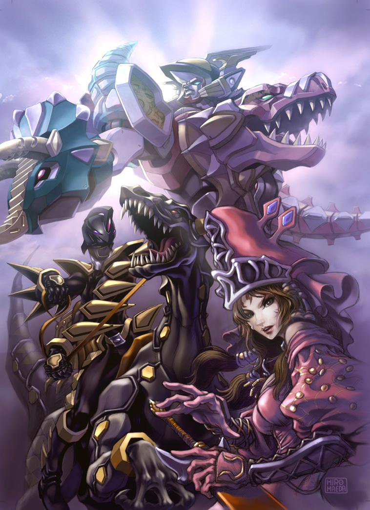 1girl abare_black abarenoh animification bakuryuu_sentai_abaranger black_ride_raptor brown_hair dinosaur riding_dinosaur graphite_(medium) grey_eyes hakai_no_shito_jeanne looking_up maeda_hiroyuki mecha open_mouth power_rangers power_rangers_dino_thunder riding robot super_sentai tokusatsu traditional_media velociraptor