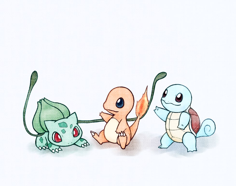 animal_focus blue_eyes blue_skin bright_pupils brown_eyes bulbasaur charmander claws closed_mouth colored_skin fire fireblast gen_1_pokemon green_skin nintendo no_humans orange_skin plant pokemon pokemon_(creature) red_eyes shell simple_background smile squirtle starter_pokemon_trio tail turtle vines white_background white_pupils