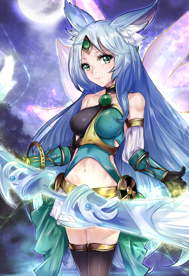 1girl animal_ear_fluff animal_ears apollousa_bow_of_the_goddess asymmetrical_clothes bare_shoulders black_thighhighs blue_eyes blush bow_(weapon) breasts closed_mouth collarbone covered_erect_nipples detached_sleeves duel_monster facial_mark fairy_wings forehead_mark green_eyes kalian large_breasts lips long_hair long_sleeves looking_at_viewer medium_breasts midriff moon navel skirt sky smile solo star_(sky) starry_sky thighhighs weapon white_skirt wings yu-gi-oh! zettai_ryouiki