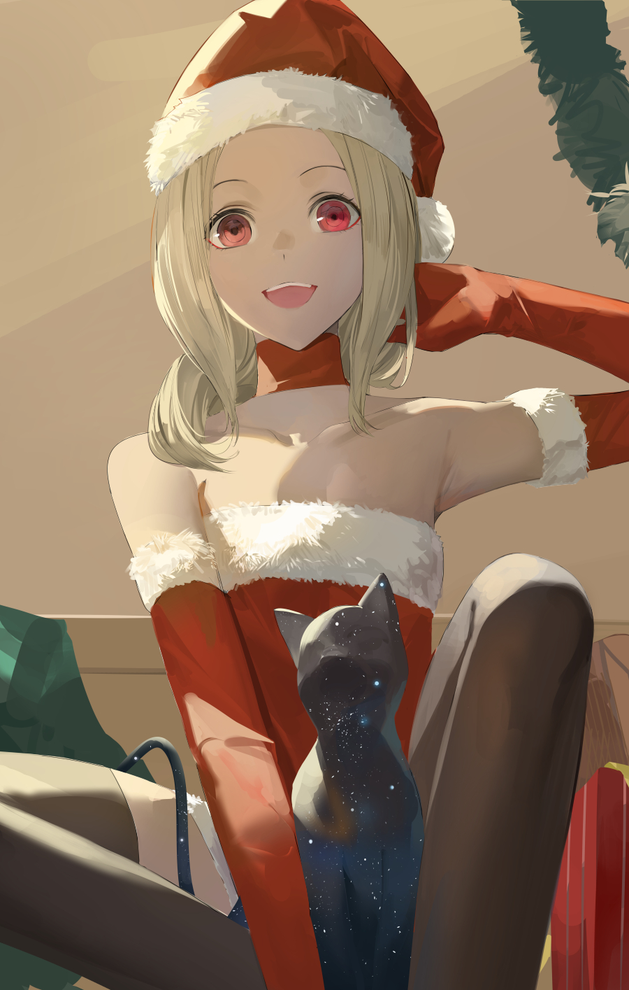 1girl :d armpits black_cat blazpu blonde_hair box cat choker christmas collarbone dress elbow_gloves fur_trim gift gift_box gloves gravity_daze hat highres kitten_(gravity_daze) open_mouth red_choker red_dress red_eyes red_gloves santa_costume santa_hat sitting smile solo