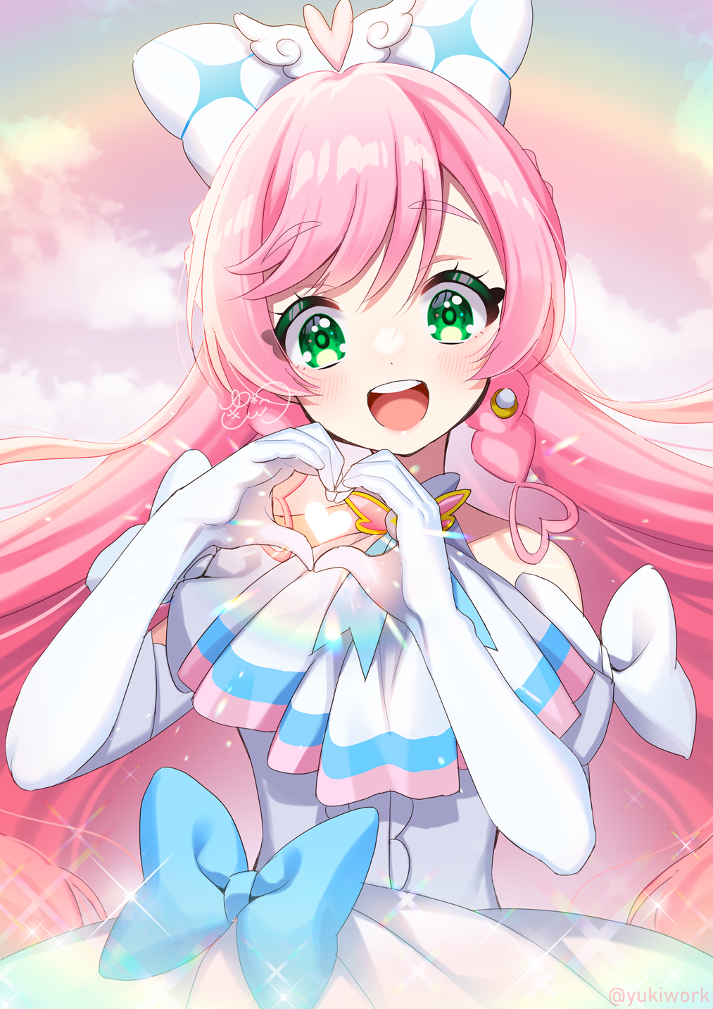ahoge ascot braided_sidelock commentary cure_prism earrings elbow_gloves gloves green_eyes hair_ornament heart heart_ahoge heart_hands highres hirogaru_sky!_precure jewelry long_hair magical_girl nijigaoka_mashiro pink_hair precure single_earring swept_bangs white_ascot white_gloves wing_hair_ornament yukinko_(yukiwork)