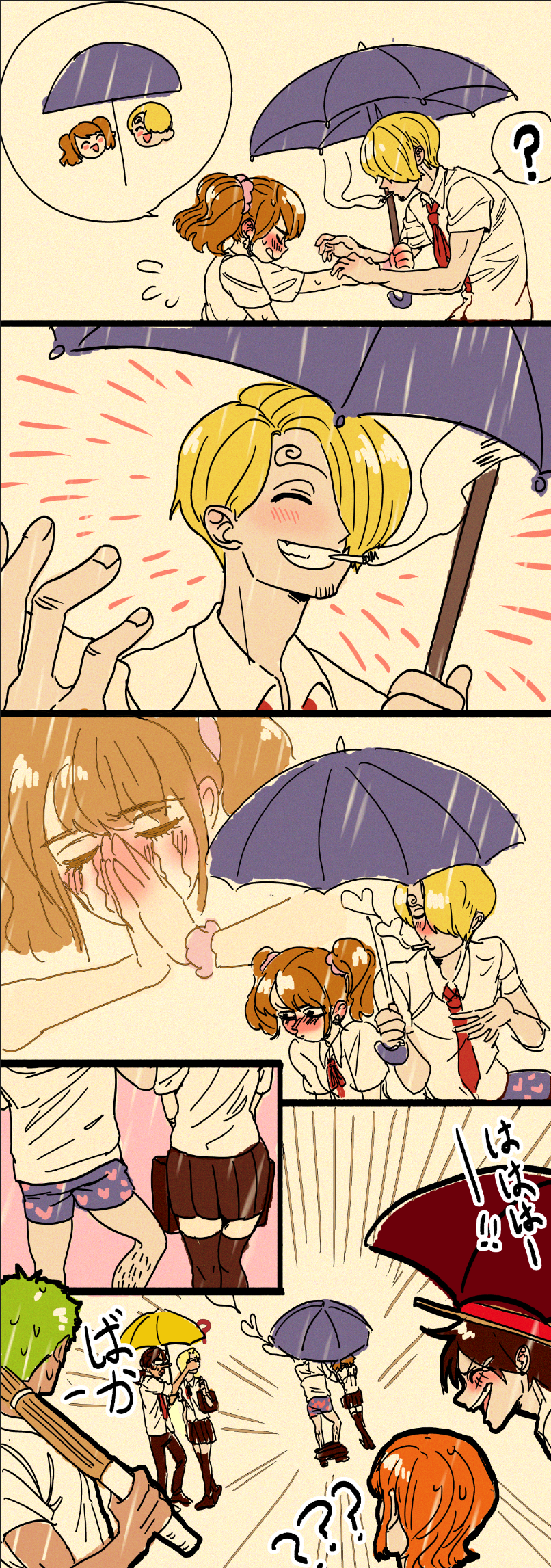 3girls 4boys ? ?? alternate_costume bag black_pants blonde_hair blowing_smoke blush boxers charlotte_pudding curly_eyebrows earrings green_hair hair_ornament hair_over_one_eye hair_scrunchie hat heart heart_print hetero highres holding holding_umbrella jewelry kaya_(one_piece) laughing leg_hair male_underwear monkey_d._luffy multiple_boys multiple_girls nami_(one_piece) necktie one_piece orange_hair own_hands_together pants pants_around_ankles pink_scrunchie red_necktie rita_ya roronoa_zoro sanji_(one_piece) scar scar_on_face school_bag school_uniform scrunchie shared_umbrella shirt short_twintails smoking spoken_question_mark sweat sweatdrop thighhighs twintails umbrella underwear usopp walking wet white_shirt