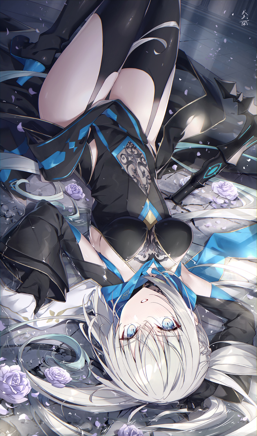 1girl black_bow black_dress black_shoes black_thighhighs blue_eyes blush bow braid breasts cleavage closed_mouth clothing_cutout dress fate/grand_order fate_(series) full_body gabiran grey_hair hair_bow half_up_braid highres large_breasts long_hair long_sleeves looking_at_viewer lying morgan_le_fay_(fate) navel on_back pelvic_curtain ponytail shoes sidelocks skirt smile solo staff stomach_cutout stomach_tattoo tattoo thighhighs thighs two-tone_dress very_long_hair white_dress wide_sleeves