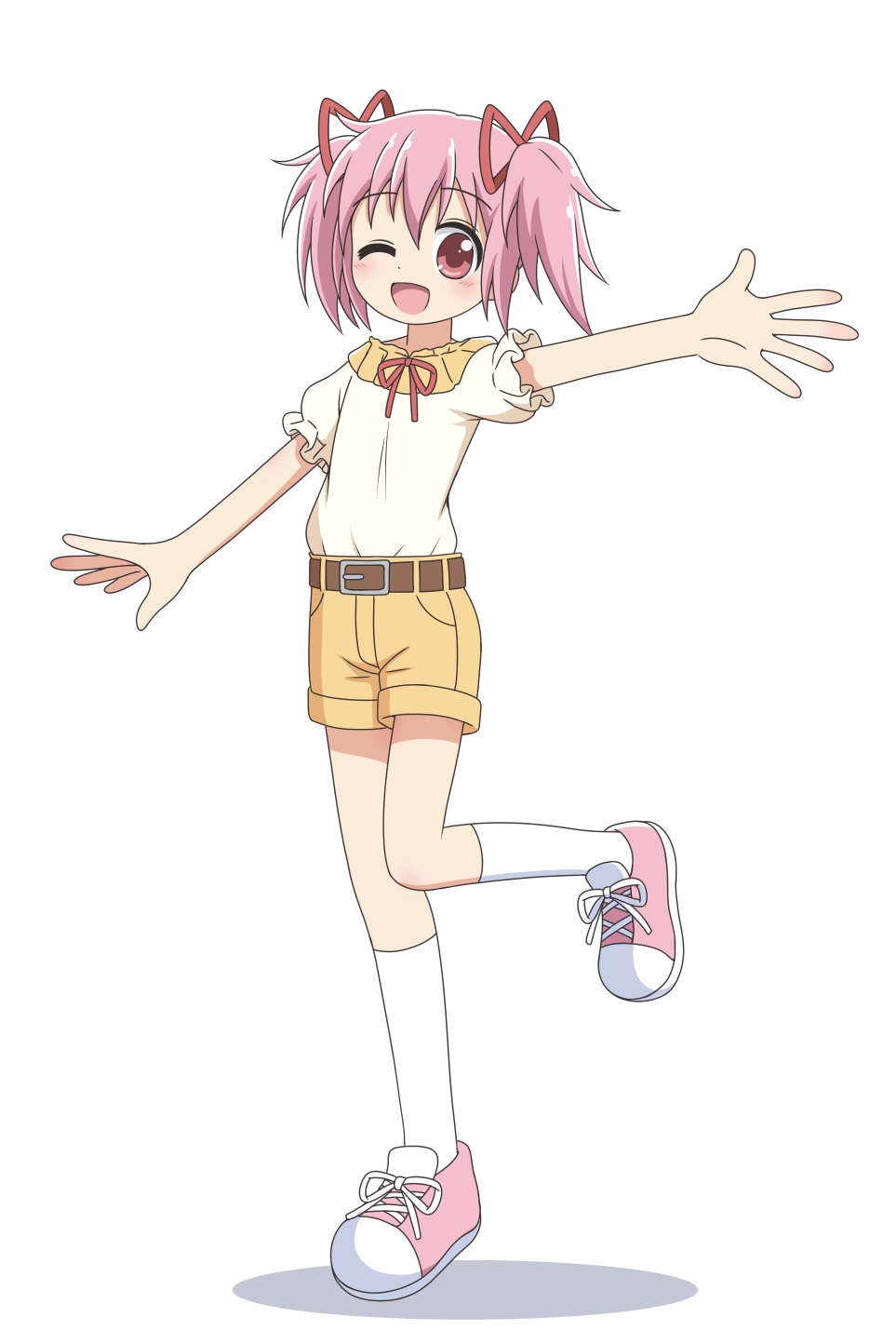 1girl alternate_costume arm_up belt belted_shorts blush brown_belt casual commentary commission dot_nose drop_shadow full_body hair_ribbon highres kaname_madoka kato-shun kneehighs leg_up looking_to_the_side mahou_shoujo_madoka_magica one_eye_closed open_hand open_mouth outstretched_arm pink_eyes pink_hair pink_shoes pixiv_commission puffy_short_sleeves puffy_sleeves ribbon shirt shirt_tucked_in shoes short_hair short_sleeves short_twintails shorts simple_background smile sneakers socks solo twintails two-tone_shirt waving white_background white_shirt white_socks yellow_shirt yellow_shorts
