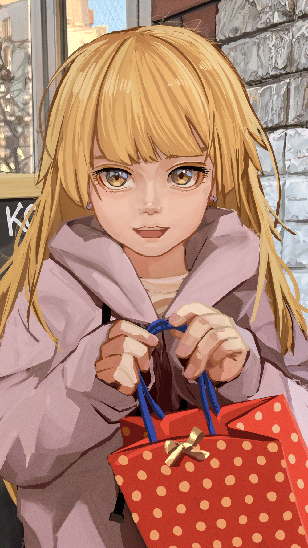 1girl bag birthday blonde_hair blunt_bangs bow brown_jacket commentary earrings eyelashes gift gift_bag highres holding holding_bag holding_gift hood hood_down jacket jewelry long_hair looking_at_viewer loose_hair_strand messy_hair open_mouth original outdoors own_hands_together russian_commentary servachok shirt smile solo stone_wall teeth upper_body upper_teeth_only w_arms wall window yellow_bow yellow_eyes yellow_shirt zhenya_(servachok)
