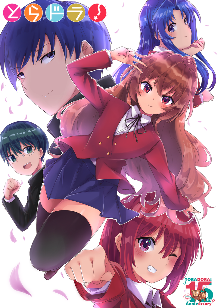 2boys 3girls aisaka_taiga anniversary arm_up black_jacket black_legwear black_ribbon blue_hair blue_skirt blush brown_hair buttons clenched_hand clenched_teeth closed_mouth collared_shirt commentary double-breasted eclair_(ekreatan) full_body green_hair head_rest jacket kawashima_ami kitamura_yuusaku kushieda_minori long_hair long_sleeves multiple_boys multiple_girls neck_ribbon one_eye_closed oohashi_high_school_uniform open_mouth outstretched_arm petals red_eyes red_hair red_jacket ribbon school_uniform shirt short_hair simple_background skirt smile takasu_ryuuji teeth thighhighs toradora! upper_body upper_teeth_only white_background white_shirt