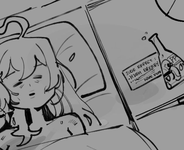 1girl ahoge blanket blue_archive closed_eyes closed_mouth emaciated english_text erlenmeyer_flask flask from_above greyscale hanako_(blue_archive) head_on_pillow kinzaibatsu91 long_hair lying monochrome on_back on_bed pillow solo under_covers