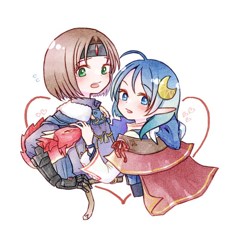 1boy 1girl ahoge ashton_anchors black_headband blue_coat blue_eyes blue_hair bluelimbo8888 blush brown_hair capelet coat crescent crescent_hair_ornament dragon fur_trim gold_trim green_eyes hair_ornament headband medium_hair open_mouth parted_bangs pointy_ears red_capelet rena_lanford shirt short_hair star_ocean star_ocean_the_second_story upper_body white_background white_shirt