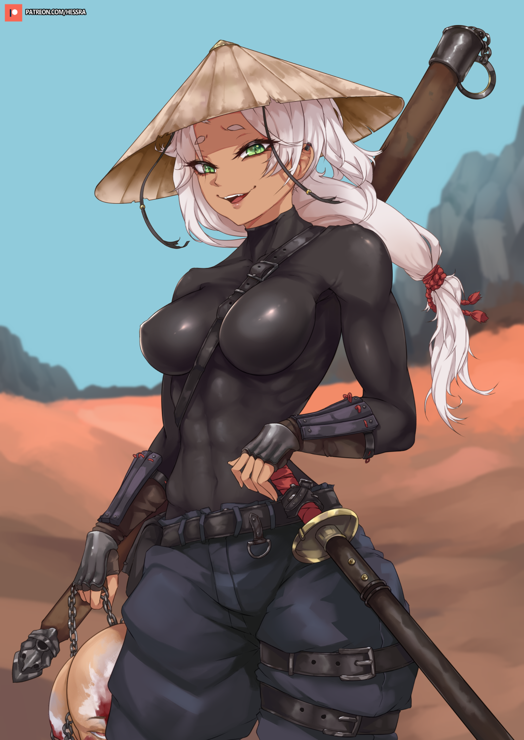 1girl abs belt blue_sky bodysuit bracer breasts dark_skin decapitation denim desert fingerless_gloves gesugao gloves green_eyes hat highres jeans katana kenshi long_hair looking_at_viewer mountain muscular muscular_female pants sky smile solo staff straw_hat sword tan toned toned_female turtleneck velminth weapon white_hair