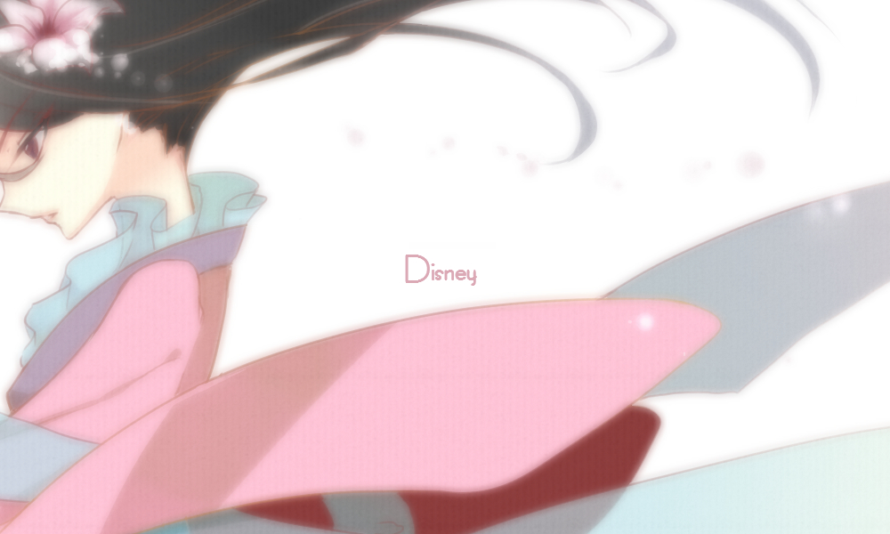 1girl black_hair chinese_clothes company_name dress expressionless fa_mulan_(disney) flower from_side hair_flower hair_ornament hanfu izusetsu lips lipstick long_hair makeup mulan_(movie) pink_hanfu simple_background solo upper_body