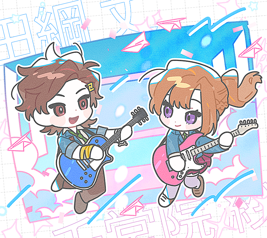 13kmsn 1boy 1girl animal_charm blue_jacket blush_stickers bone_necklace braid brown_footwear brown_hair brown_pants cartoon_bone character_name charm_(object) chibi chibi_only chidouin_sara classroom closed_mouth cloud collared_shirt electric_guitar full_body green_necktie grid_background guitar hair_ornament hairclip half_up_braid instrument jacket kimi_ga_shine korean_commentary lapels long_hair long_sleeves looking_at_another multiple_wristbands necktie notched_lapels open_mouth orange_hair pants paper_airplane pink_skirt pleated_skirt ponytail purple_eyes purple_thighhighs red_eyes school_uniform shirt short_hair simple_background single_sidelock skirt sleeves_rolled_up smile sonobeno_high_school_uniform sparkle star_(symbol) tazuna_joe thighhighs v-shaped_eyebrows white_shirt wrist_cuffs wristband yellow_wrist_cuffs
