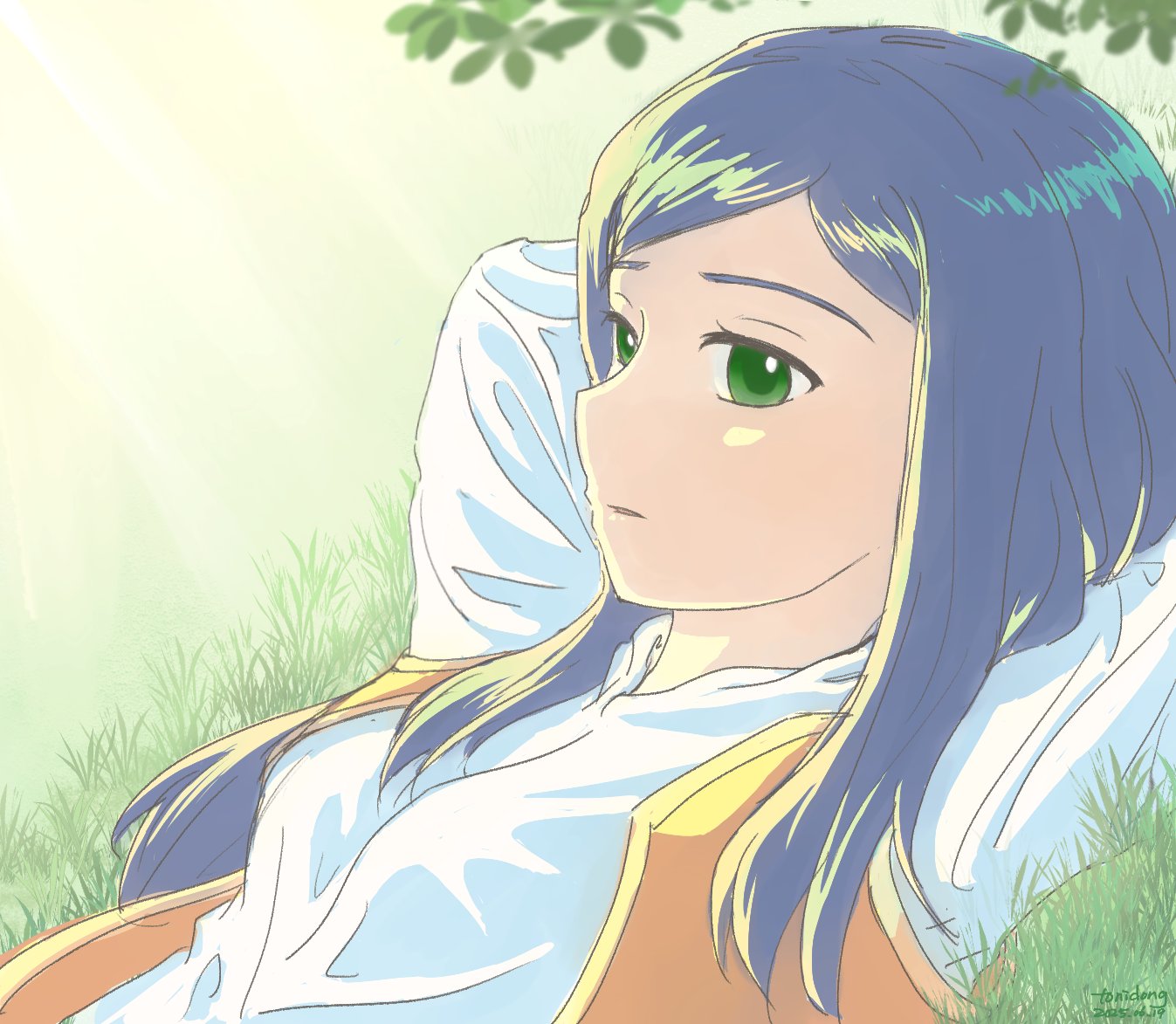 1girl blue_hair chinese_commentary commentary_request day fuuka_academy_school_uniform grass green_eyes hood hoodie kuga_natsuki long_hair lying my-hime on_back orange_vest outdoors parted_lips school_uniform solo tonidong vest white_hoodie