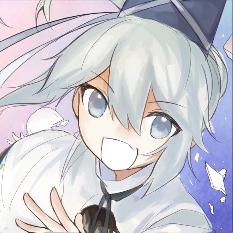 1girl black_ribbon blue_background blue_hat broken_plate fang floating_hair glass_shards gradient_background grey_eyes grey_hair grey_ribbon hair_between_eyes hat hat_ribbon japanese_clothes kariginu light_particles long_hair long_sleeves looking_at_viewer mononobe_no_futo neck_ribbon open_mouth outstretched_hand pink_background plate pom_pom_(clothes) ponytail ribbon shian_(user_ymcy3584) skin_fang sleeves_past_wrists smile solo tate_eboshi touhou turtleneck upper_body wide_sleeves