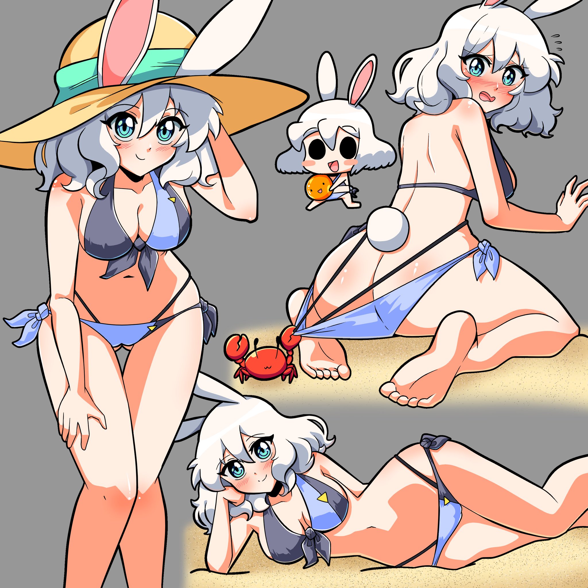 1girl acefish arm_support ass back bare_shoulders barefoot beach bikini bikini_bottom_pull blue_bikini blue_eyes blush breasts cameltoe chibi cleavage crab embarrassed feet hair_between_eyes hand_in_own_hair hand_on_own_thigh hat highres knees_together_feet_apart large_breasts looking_back lying mary_(acefish) multicolored_bikini on_side open_mouth original rabbit_ears rabbit_girl rabbit_tail sand side-tie_bikini_bottom simple_background solo sun_hat swimsuit thigh_gap thighs wavy_mouth white_hair