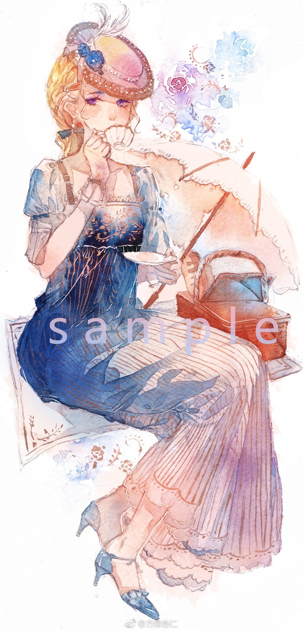 1girl blanket blonde_hair blue_bow blue_dress blue_flower blue_footwear bow collarbone cup dress drinking fingernails flower footwear_bow frilled_dress frilled_headwear frills full_body hair_bow hat hat_feather hat_flower high_heels highres holding holding_cup holding_plate lace-trimmed_umbrella light_blush long_dress looking_to_the_side low_ponytail medium_hair mini_hat original painting_(medium) parasol picnic_basket pink_hat plate ponytail puffy_short_sleeves puffy_sleeves purple_eyes sample_watermark see-through_clothes see-through_dress short_sleeves sitting solo square_neckline striped_clothes striped_dress teacup traditional_media two-tone_dress umbrella vertical-striped_clothes vertical-striped_dress watercolor_(medium) watermark weibo_watermark white_background white_dress white_umbrella wrist_cuffs yanmian_(printemps-noir)