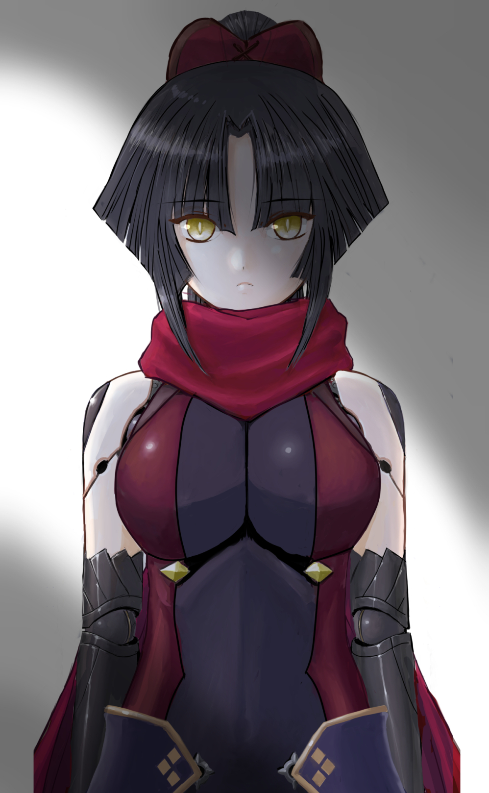 1girl android black_hair blunt_bangs bow breasts commentary english_commentary expressionless fate/grand_order fate_(series) frown hair_bow highres imananji_01 joints katou_danzou_(fate) large_breasts leotard multicolored_leotard ponytail red_scarf robot_joints scarf shade sidelocks solo two-tone_leotard upper_body yellow_eyes