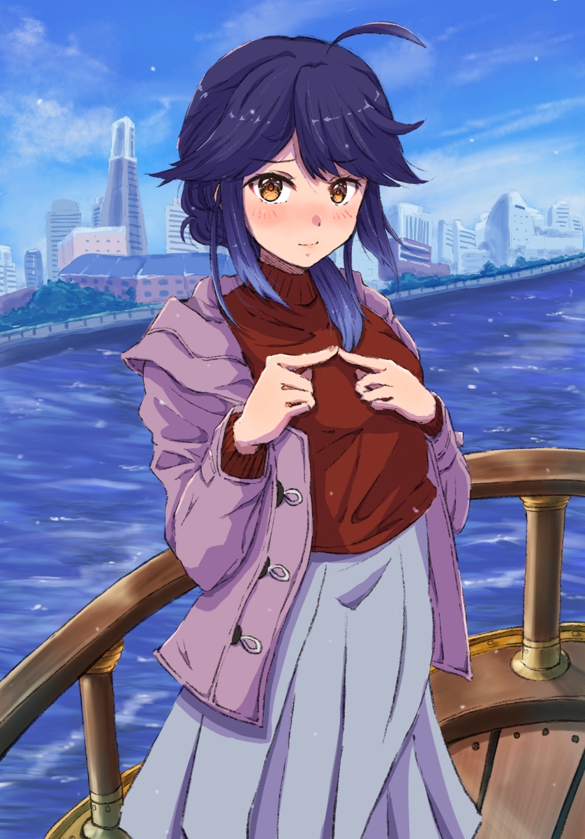 1girl ahoge alternate_costume alternate_hairstyle black_hair blue_sky cityscape cloud commentary_request cowboy_shot day hair_flaps hair_over_shoulder hayanami_(kancolle) hayanami_(valentine)_(kancolle) highres hood hooded_jacket jacket kantai_collection ld_(luna_dial398) looking_at_viewer medium_hair outdoors pleated_skirt purple_jacket railing red_sweater sidelocks skirt sky solo sweater water white_skirt