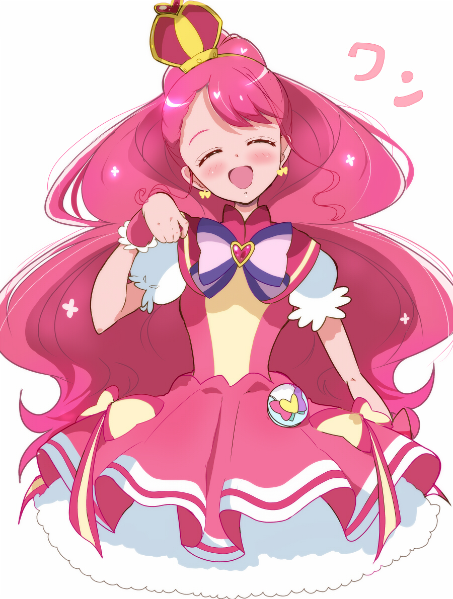 1girl bow bowtie brooch closed_eyes cosplay cropped_legs crown cure_grace cure_wonderful cure_wonderful_(cosplay) dress earrings facing_viewer hanadera_nodoka haru_(nature_life) healin&#039;_good_precure heart heart_brooch in-franchise_crossover inukai_komugi jewelry magical_girl open_mouth paw_pose petticoat pink_hair pouch precure puffy_short_sleeves puffy_sleeves purple_bow purple_bowtie red_crown red_dress short_dress short_sleeves simple_background smile solo standing translated white_background wide_ponytail wonderful_precure!