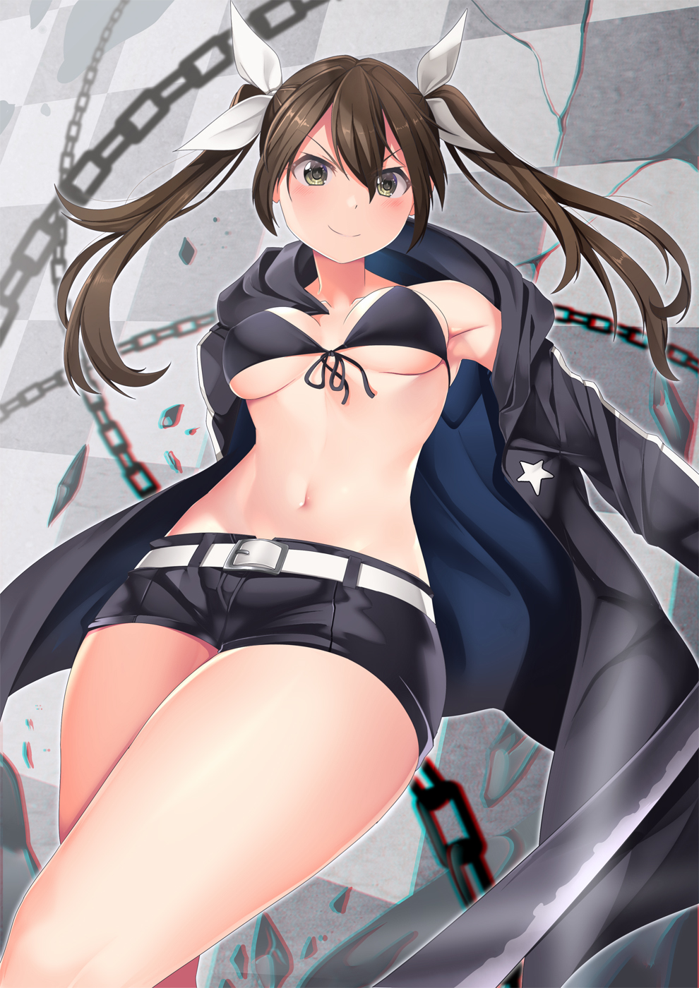 1girl armpits bare_shoulders belt bikini bikini_top_only black_bikini black_coat black_rock_shooter black_rock_shooter_(character) black_rock_shooter_(character)_(cosplay) black_shorts blush breasts brown_eyes brown_hair chain checkered_background chromatic_aberration cleavage coat collarbone commentary_request cosplay cowboy_shot front-tie_top groin hair_between_eyes hair_ribbon highres holding holding_sword holding_weapon hood hood_down hooded_coat kantai_collection long_hair looking_at_viewer medium_breasts midriff navel off-shoulder_coat off_shoulder ribbon short_shorts shorts sidelocks smile solo standing swimsuit sword tone_(kancolle) twintails underboob weapon white_belt white_ribbon yasume_yukito