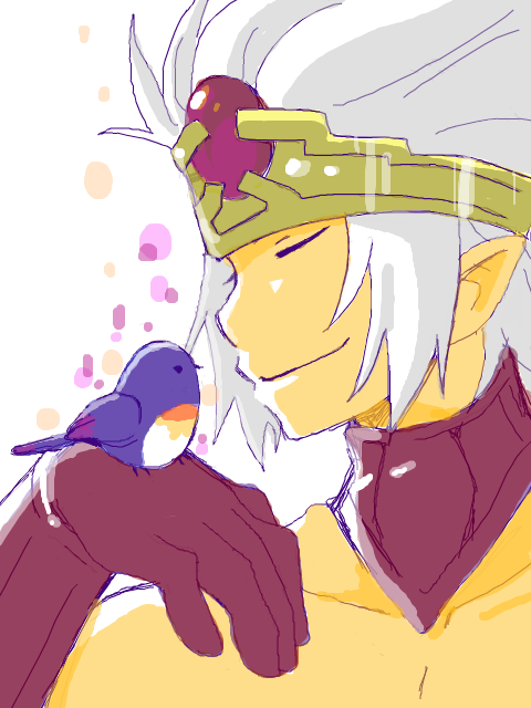 1boy bird bird_on_hand crown male_focus odin odin_sphere onyx onyx_(odin_sphere) pointy_ears short_hair smile solo orb spot tsuyuka_(sunny_spot) vanillaware white_hair