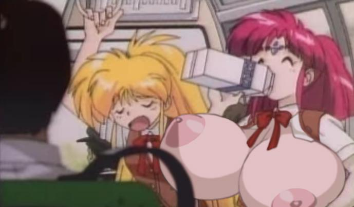 2girls ^_^ anime_screenshot blonde_hair breasts breasts_out chetrippo closed_eyes clothes drink female_focus ginga_ojou-sama_densetsu_yuna huge_breasts kagurazaka_yuna large_areolae long_hair looking_at_viewer lowres milk milk_carton multiple_girls nipples open_mouth ponytail red_hair school_uniform symbol third-party_edit vehicle vehicle_interior yuri_cube